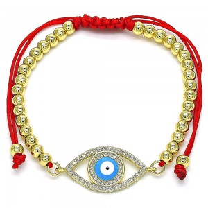 Gold Finish Adjustable Bolo Bracelet Evil Eye and Ball Design with White Micro Pave Turquoise Enamel Finish Golden Tone