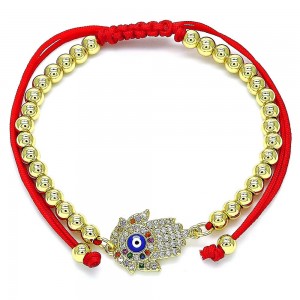 Gold Filled Adjustable Bolo Bracelet Hand of God and Ball Design With Multicolor Micro Pave Blue Enamel Finish Golden Tone