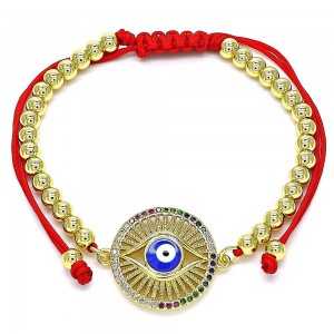 Gold Finish Adjustable Bolo Bracelet Evil Eye and Ball Design with Multicolor Micro Pave Blue Enamel Finish Golden Tone