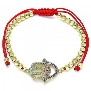 Gold Finish Adjustable Bolo Bracelet Hand of God and Ball Design with Multicolor Micro Pave Polished Golden Tone
