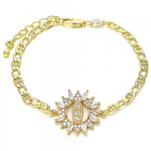 Gold Filled Fancy Bracelet Guadalupe Design With Multicolor Cubic Zirconia and White Micro Pave Polished Finish Golden Tone