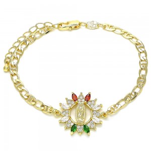 Gold Filled Fancy Bracelet Guadalupe Design With Multicolor Cubic Zirconia and White Micro Pave Polished Finish Golden Tone