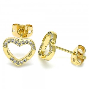 Gold Filled Stud Earrings Heart Design With White Micro Pave Polished Finish Golden Tone