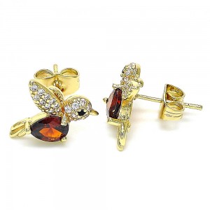 Gold Filled Bird Design Stud Earrings With Garnet and White Micro Pave Polished Finish Golden Tone