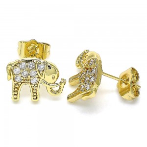 Gold Filled Stud Earrings Elephant Design With White Micro Pave Polished Finish Golden Tone