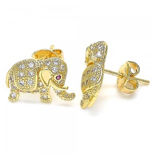 Gold Filled Stud Earring Elephant Design With White and Ruby Micro Pave Polished Finish Golden Tone