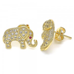 Gold Filled Elephant Design Stud Earrings With White Micro Pave Polished Finish Golden Tone