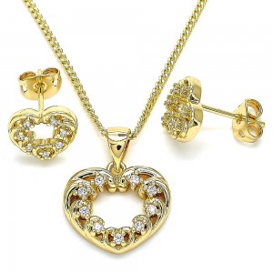 Gold Filled Earring and Pendant Set Heart Design With White Micro Pave Polished Finish Golden Tone