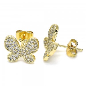 Gold Filled Stud Earrings Butterfly Design With White Micro Pave Polished Finish Golden Tone