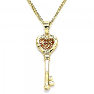 Gold Pendant Necklace Key and Heart Design With Garnet Micro Pave Polished Finish Golden Tone