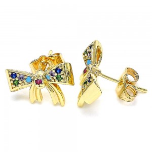 Gold Filled Stud Earrings Bow Design with Multicolor Micro Pave Polished Golden Finish 