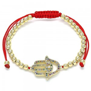 Gold Filled Adjustable Bolo Bracelet Hand of God and Ball Design With Multicolor Micro Pave Polished Finish Golden Tone