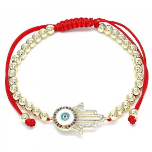 Gold Filled Adjustable Bolo Bracelet Hamsa and Ball Design with White Micro Pave Polished Golden Tone
