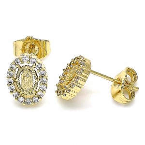 Gold Filled Stud Earrings Guadalupe Design With White Micro Pave Polished Finish Golden Tone