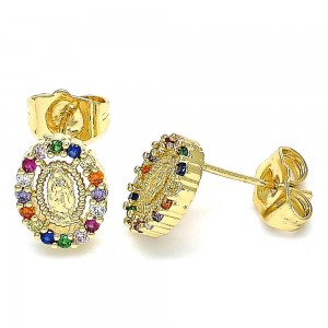 Gold Filled Stud Earrings Guadalupe Design With Multicolor Micro Pave Polished Finish Golden Tone