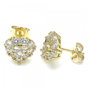Gold Filled Stud Earrings Heart Design With White Cubic Zirconia Polished Finish Golden Tone