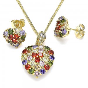 Gold Filled Earring and Pendant Adult Set Heart Design With Multicolor Cubic Zirconia Polished Finish Golden Tone