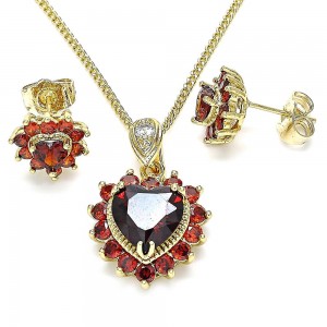 Gold Filled Earring and Pendant Adult Set Heart Design With Garnet and White Cubic Zirconia Polished Finish Golden Tone