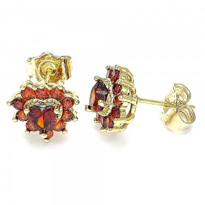 Gold Filled Stud Earring Heart Design With Garnet Cubic Zirconia Polished Finish Golden Tone