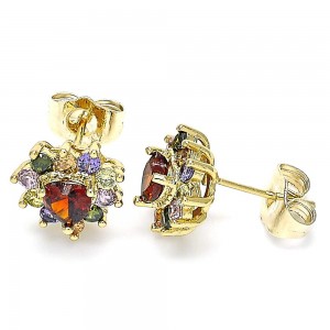 Gold Filled Stud Earring Heart Design With Multicolor Cubic Zirconia Polished Finish Golden Tone