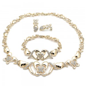 Gold Finish Necklace Bracelet and Earring Hugs and Kisses and Butterfly Design with White Crystal Polished Golden Tone