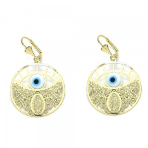 Gold Dangle Earring Guadalupe and Cross Design Polished Finish Golden Tone