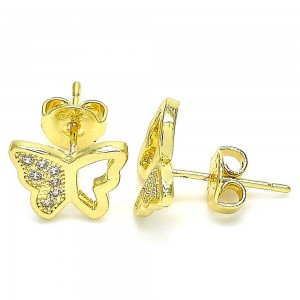 Gold Filled Stud Earrings Butterfly Design With White Micro Pave Polished Finish Golden Tone
