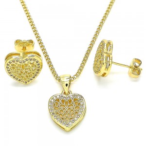 Gold Filled Earring and Pendant Set Heart Design With White Micro Pave Polished Finish Golden Tone