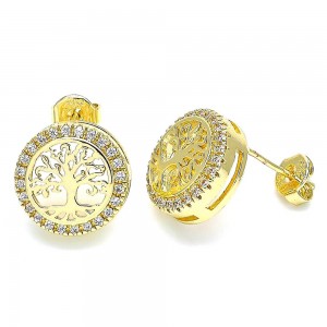 Gold Filled Stud Earrings Tree Design With White Micro Pave Polished Finish Golden Tone