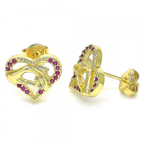 Gold Filled Stud Earring Heart and Hand Design With Ruby Micro Pave Polished Finish Golden Tone