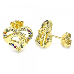 Gold Filled Stud Earrings Heart and Hand Design With Multicolor Micro Pave Polished Finish Golden Tone