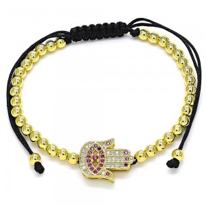 Gold Filled Adjustable Bolo Bracelet Hand of God and Ball Design With Ruby and White Micro Pave Polished Finish Golden Tone