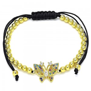 Gold Filled Adjustable Bolo Bracelet Butterfly Design With Ruby and White Micro Pave Polished Finish Golden Tone