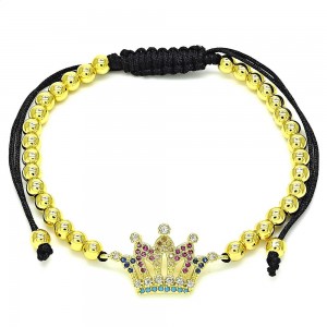 Gold Filled Adjustable Bolo Bracelet Crown Design With Ruby and White Micro Pave Polished Finish Golden Tone