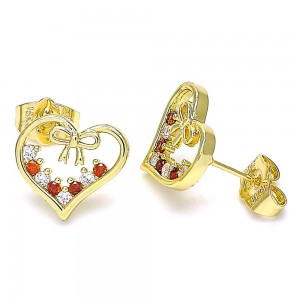 Gold Filled Stud Earrings Heart and Bow Design With Garnet and White Cubic Zirconia Polished Finish Golden Tone