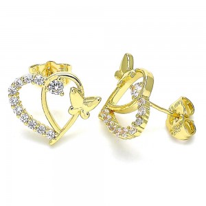 Gold Filled Stud Earrings Heart and Butterfly Design With White Cubic Zirconia Polished Finish Golden Tone