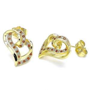 Gold Filled Stud Earrings Heart Design With Garnet and White Micro Pave Polished Finish Golden Tone