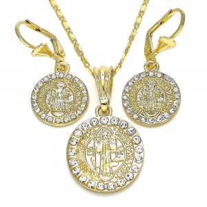 Gold Filled Earring and Pendant Adult Set San Benito Design With White Crystal Polished Finish Golden Tone