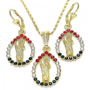 Gold Filled Earring and Pendant Adult Set San Judas and Teardrop Design With Multicolor Crystal Polished Finish Golden Tone