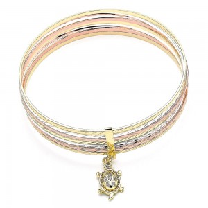 Gold Filled Semanario Bangle Turtle Design With White Cubic Zirconia Diamond Cutting Finish Tri Tone (02 MM Thickness, Size 6 - 2.75 Diameter)