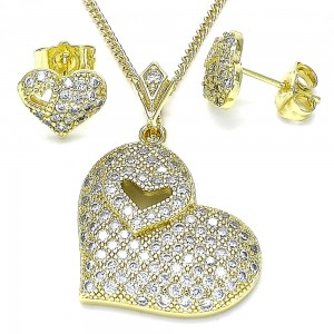 Gold Filled Earring and Pendant Set Heart Design With White Cubic Zirconia Polished Finish Golden Tone