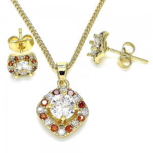 Gold Filled Earring and Pendant Set With Garnet and White Micro Pave Polished Finish Golden Tone