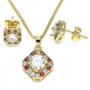 Gold Filled Earring and Pendant Set With Garnet and White Micro Pave Polished Finish Golden Tone