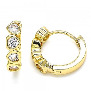 Gold Filled Huggie Hoop Heart Design with White Cubic Zirconia Polished Golden Tone