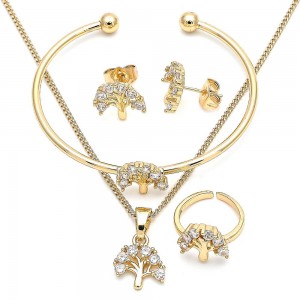 Gold Filled Earring and Pendant Children Set Tree Design With White Cubic Zirconia Polished Finish Golden Tone