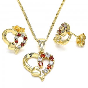 Gold Filled Earring and Pendant Adult Set Heart Design With Garnet and White Cubic Zirconia Polished Finish Golden Tone