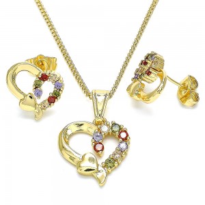 Gold Filled Earring and Pendant Set Heart Design With Multicolor Cubic Zirconia Polished Finish Golden Tone