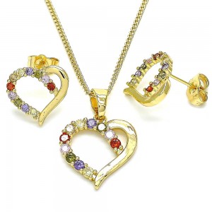 Gold Filled Earring and Pendant Set Heart Design With Multicolor Cubic Zirconia Polished Finish Golden Tone