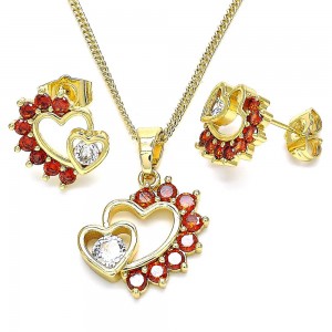 Gold Filled Earring and Pendant Set Heart Design With Garnet and White Cubic Zirconia Polished Finish Golden Tone