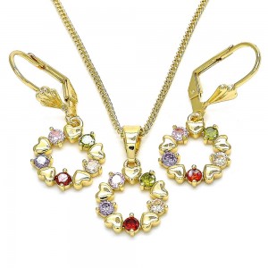 Gold Filled Earring and Pendant Heart Design With Multicolor Cubic Zirconia Polished Finish Golden Tone